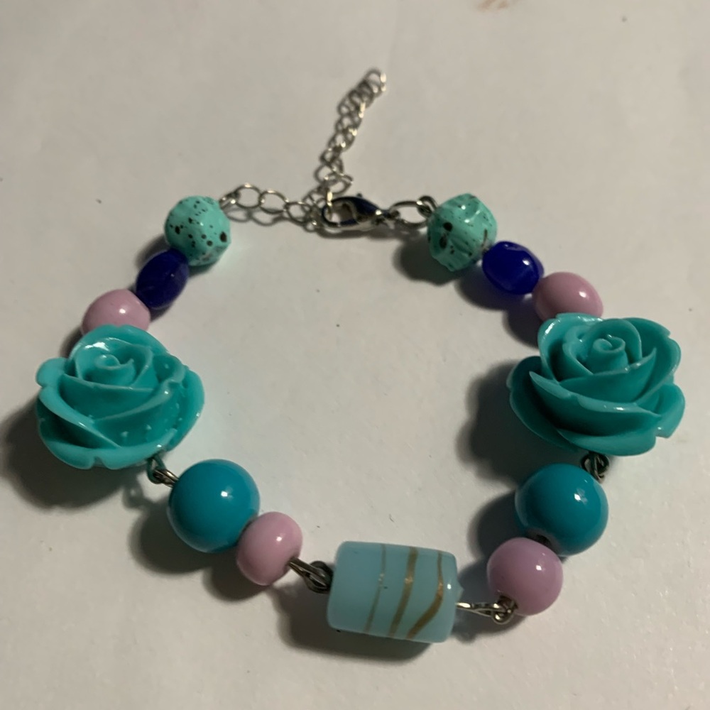 Turquoise and Pink Floral Beaded Bracelet